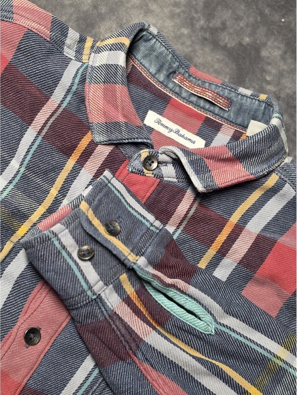 Tommy Bahama Canyon Beach Bonfire Plaid Flannel Shirt Jacket Mens L Faded Cotton